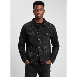 Boohoo Men’s Black  Jean Jacket Sz. Lrg EUC  Black Splattered distressed hem